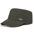 Close-up of military green cotton cadet hat with metal eyelets and side logo plate - Adjustable / Army Green
