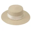 Eleganter französischer Strohhut mit flacher Krone, Perlenbesatz und Satinband für Damen - M (56-58cm) / Beige