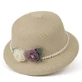 Franse stijl strooien zonnehoed met parels en bloemen voor dames in de zomer - M / Beige