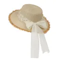 Platte strooien hoed met parelmoer gaasstrik en gerafelde rand voor zonwering op strand - M / Beige