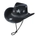 Detail of a black woven cowboy straw hat featuring white star patterns and chin strap - M / Black