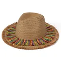 Bohemian wide brim straw fedora hat with colorful fringe tassels for summer beach vacation - M / Khaki
