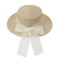 Handgewebter Boater-Strohhut aus Khaki mit weißer Spitzenschleife für optimalen Sonnenschutz - M (56-58cm) / Beige