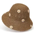 Detail of handwoven brown straw hat featuring delicate white daisy embroidery and texture - M / Khaki