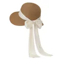 Women's foldable wide brim straw sun hat with elegant off-white ribbon bow - M / Khaki With White Bow