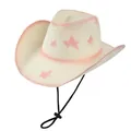 Dettaglio cappello da cowboy in paglia con stelle rosa e cordino sottogola regolabile - M (56-58cm) / Rosa Riso