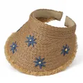 Brown straw sun visor hat with blue floral accents and fringed brim for summer beach wear - Adjustable / Khaki With Navy Flowers