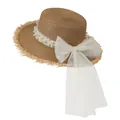 Detail van strooien hoed met parelmoer mesh lint en grote witte mesh strik - M / Khaki