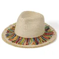 Detail of beige straw hat featuring vibrant colorful tassels and natural frayed edges - M / Beige
