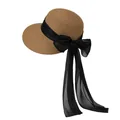 Detail of elegant black chiffon bow on wide brim straw sun hat for summer beach vacations - M / Khaki With Black Bow