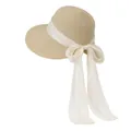 Detail of elegant beige woven straw hat featuring a wide brim and creamy satin ribbon bow - M / Beige With Off-white Bow