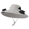 Solar powered double fan wide brim outdoor fishing hat with adjustable chin strap - M (56-58cm) / Light Gray