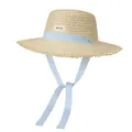 Detail eines breitkrempigen Strohhuts mit blau-weißen Karobändern und Fransenrand - M / Beige
