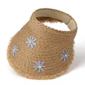 Detail of straw sun visor featuring blue-yellow daisies and frayed edges texture - Adjustable / Khaki With Blue Flowers