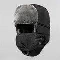 Winter thermal bomber hat with thick grey faux fur lining and detachable windproof face mask - M(56-58cm) / Black