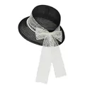 Detail of black straw sun hat featuring elegant white lace bow and pearl chain decoration - M (56-58cm) / Black