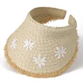 Detail of hand-woven straw visor with white daisy appliques and raw fringe edges - Adjustable / Beige