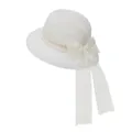 Close-up of white woven straw hat with delicate lace bow, pearls and floral embroidery - M (56-58cm) / White