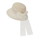Close-up of elegant beige straw sun hat with white lace ribbon and pearl decoration - M (56-58cm) / Beige