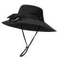 Detailed side view of black outdoor sun hat with solar-powered mini fan and mesh vent - Black