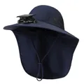 Detail of solar fan and neck protector on navy outdoor sun hat with mesh vents - M (56-58cm) / Navy Blue