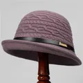 French style purple knitted cloche hat with a black leather band and gold buckle - M (56-58cm) / Taro