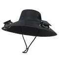 Detalle de sombrero negro de ala ancha con dos ventiladores solares y malla transpirable - Negro