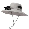 Detailed view of sun-powered fan and solar panel integrated on the wide brim sun hat - Light Gray