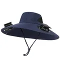 Detalle de sombrero para el sol de ala ancha con ventiladores solares duales integrados al aire libre - Azul marino
