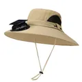 Detail view of khaki sun hat with wide brim, solar powered fan and mesh ventilation - Khaki