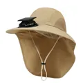 Detail of outdoor sun hat featuring solar powered fan and protective neck flap - M (56-58cm) / Khaki