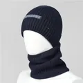 Detailed knit texture of navy blue winter hat and scarf set with soft fleece lining - Beanie / Navy Blue