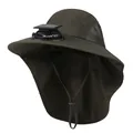Close-up of olive sun hat featuring solar fan, USB port, and protective neck flap detail - M (56-58cm) / Army Green