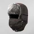 Deep brown trapper hat with gray faux fur lining and matching face mask for winter - M(56-58cm) / Coffee