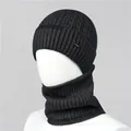 Detailed texture of thick ribbed knit hat and matching neck warmer with fleece lining - Beanie / Dark Gray