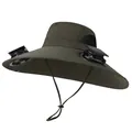 Detail of dual solar-powered fans and USB charging port on the army green sun hat - M (56-58cm) / Army Green