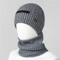 Detail view of gray ribbed knit beanie and neck warmer set with soft fleece lining texture - Beanie / Light Gray