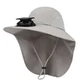Outdoor solar fan hat with neck flap and wide brim for fishing and hiking UV protection - M (56-58cm) / Light Gray