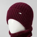 Close-up of wine red knit hat and scarf set with thick faux fur lining for warmth - Knit Hat And Scarf Set (257311) / Burgundy