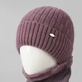Close-up of purple knit hat with waffle texture and warm faux fur lining detail - Knit Hat And Scarf Set (257311) / Taro