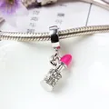 Lipstick charm pendant with pink enamel and sparkling crystals on a snake chain bracelet - Rose Red