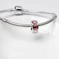 Silver snake chain bracelet featuring a square pink crystal spacer charm detail - Pink