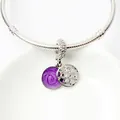 Snake chain bracelet with purple enamel starburst charm and silver hollow pattern - Purple