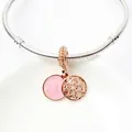 Anhänger mit rosa Emaille und Roségold-Geflecht an silbernem Schlangenarmband - Hellrosa