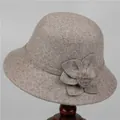 Women's vintage wool cloche hat in oatmeal with floral detail and fur pompom - M (56-58cm) / Light Coffee