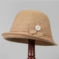 Elegant knit cloche hat for elderly women with decorative side flower and pearl - M / Khaki