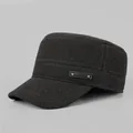 Men's winter flat top army cap in dark grey wool fabric with side leather logo detail - Adjustable / Dark Gray