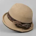 Detail of khaki wool cloche hat featuring a floral ribbon and side bow decoration - M (56-58cm) / Khaki