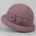 Winter knit bucket hat for elderly women in purple with thermal fleece lining and flowers - Taro