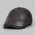 Classic dark brown leather newsboy hat for men featuring premium stitched textures - Adjustable / Coffee